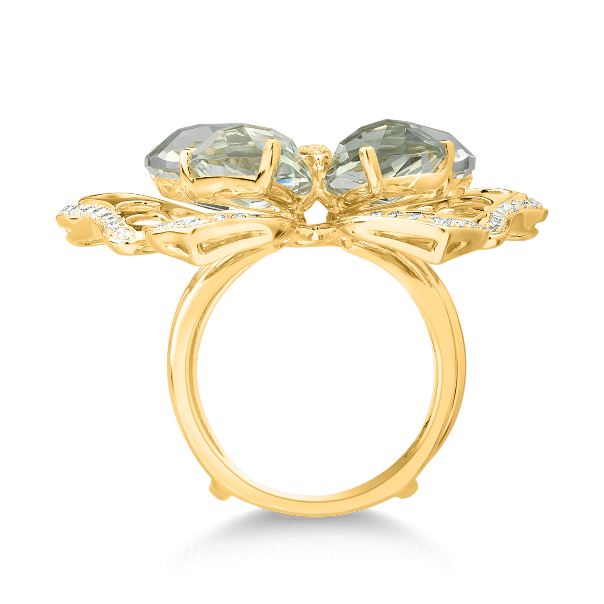 Pillangós gyűrű 18K-os sárga aranyból 11,5ct zöld ametiszttel és 0,38ct gyémánttal