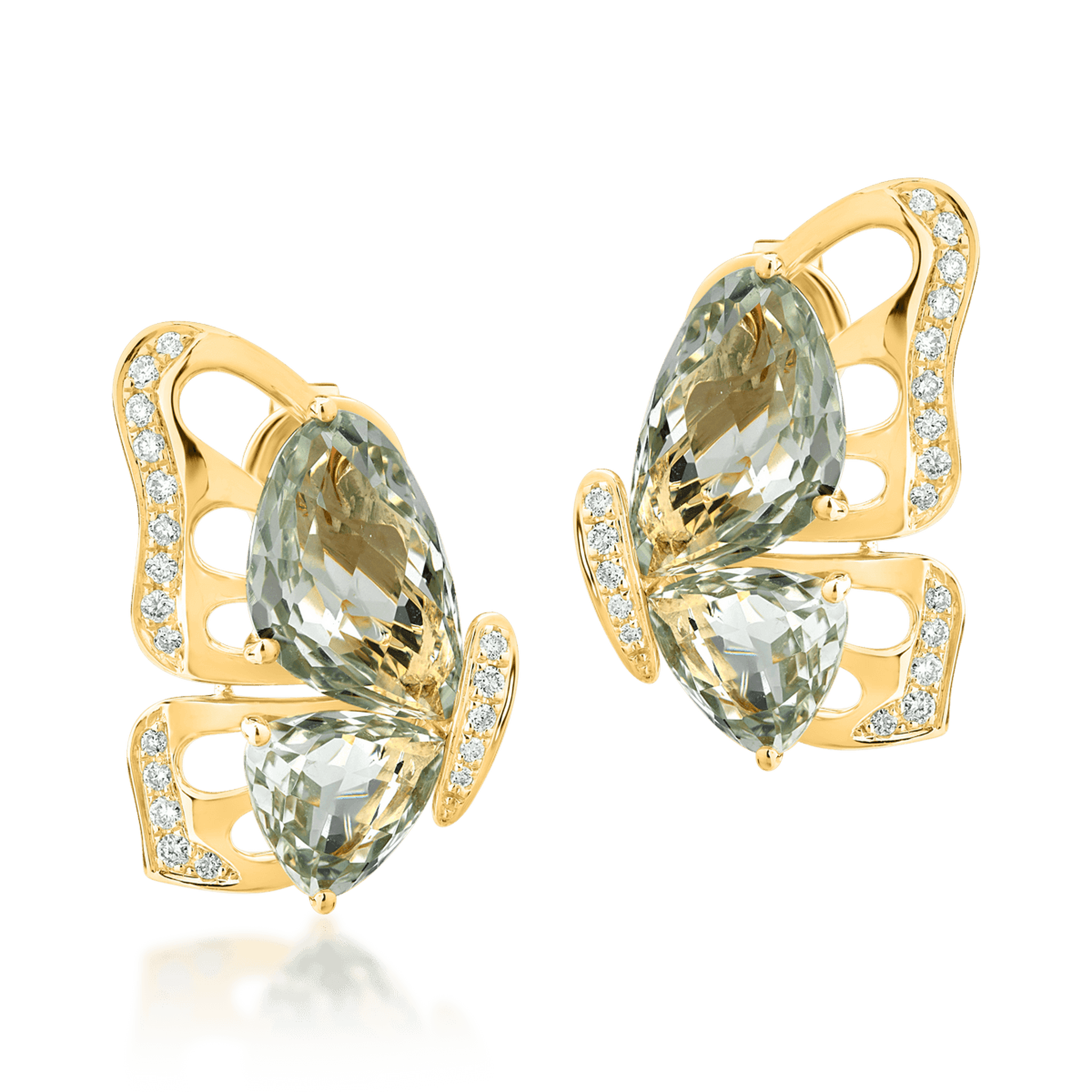 Pillangós fülbevaló 18K-os sárga aranyból 7,7ct zöld ametiszttel és 0,28ct gyémánttal