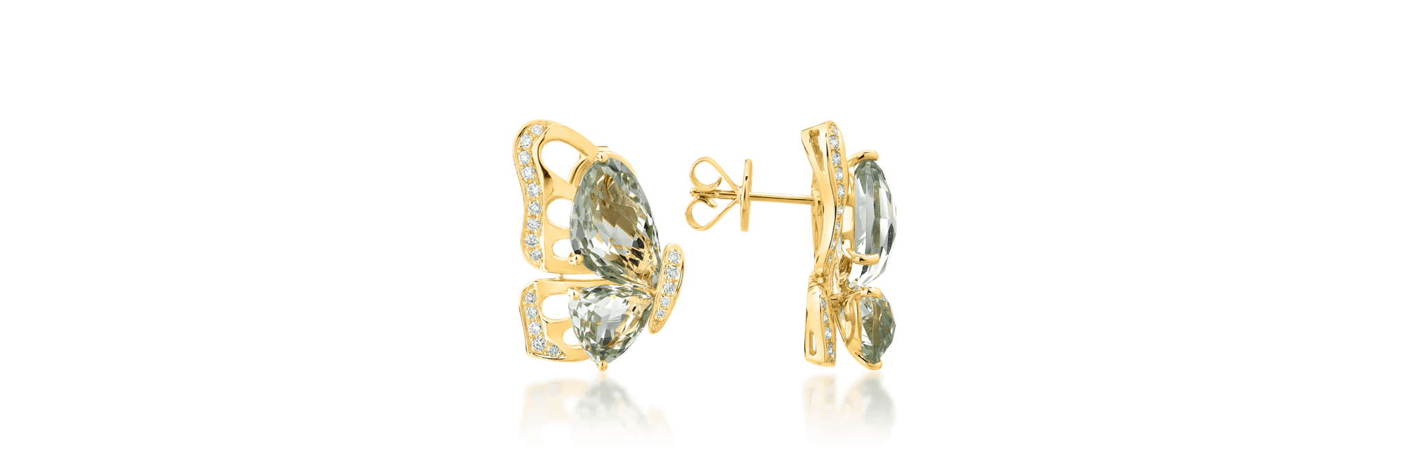Pillangós fülbevaló 18K-os sárga aranyból 7,7ct zöld ametiszttel és 0,28ct gyémánttal