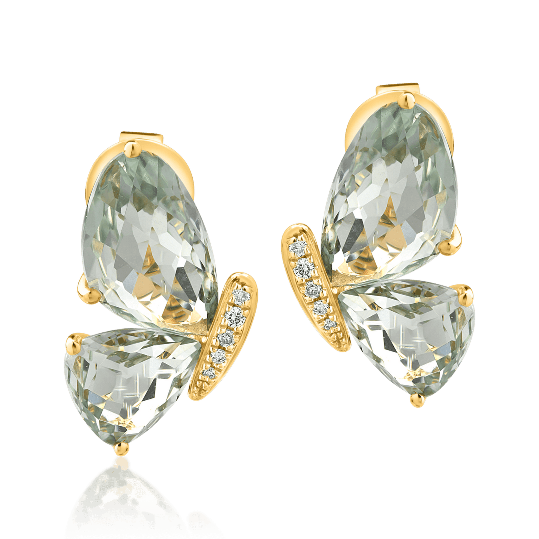 18k sárga pillangó fülbevaló 8.5ct zöld ametrih és gyémánt 0.06ct
